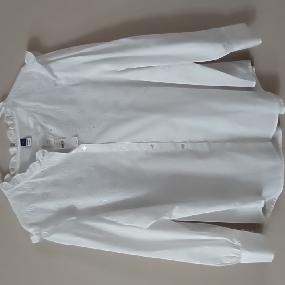 Old Navy Collarless Ruffle-Trimmed Embroidered Button-Down Shirt for Women